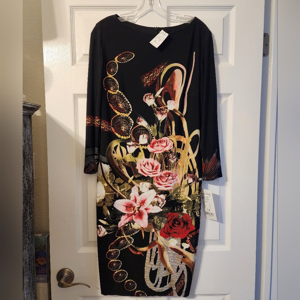 NWT Joseph Ribkoff Black Dress with Floral and Abstract Design